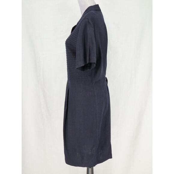 Talbots Dress Womens 16 Dark Navy Blue Linen Blend Pleated Short Sleeve Vintage - Picture 11 of 14
